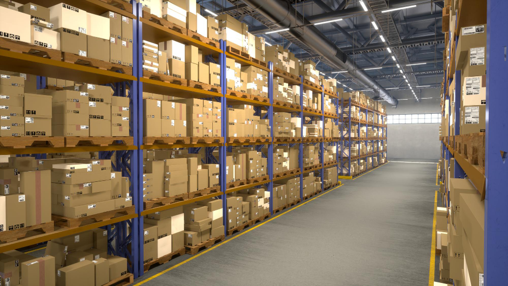 Rows of boxed goods on racking in a storage warehouse