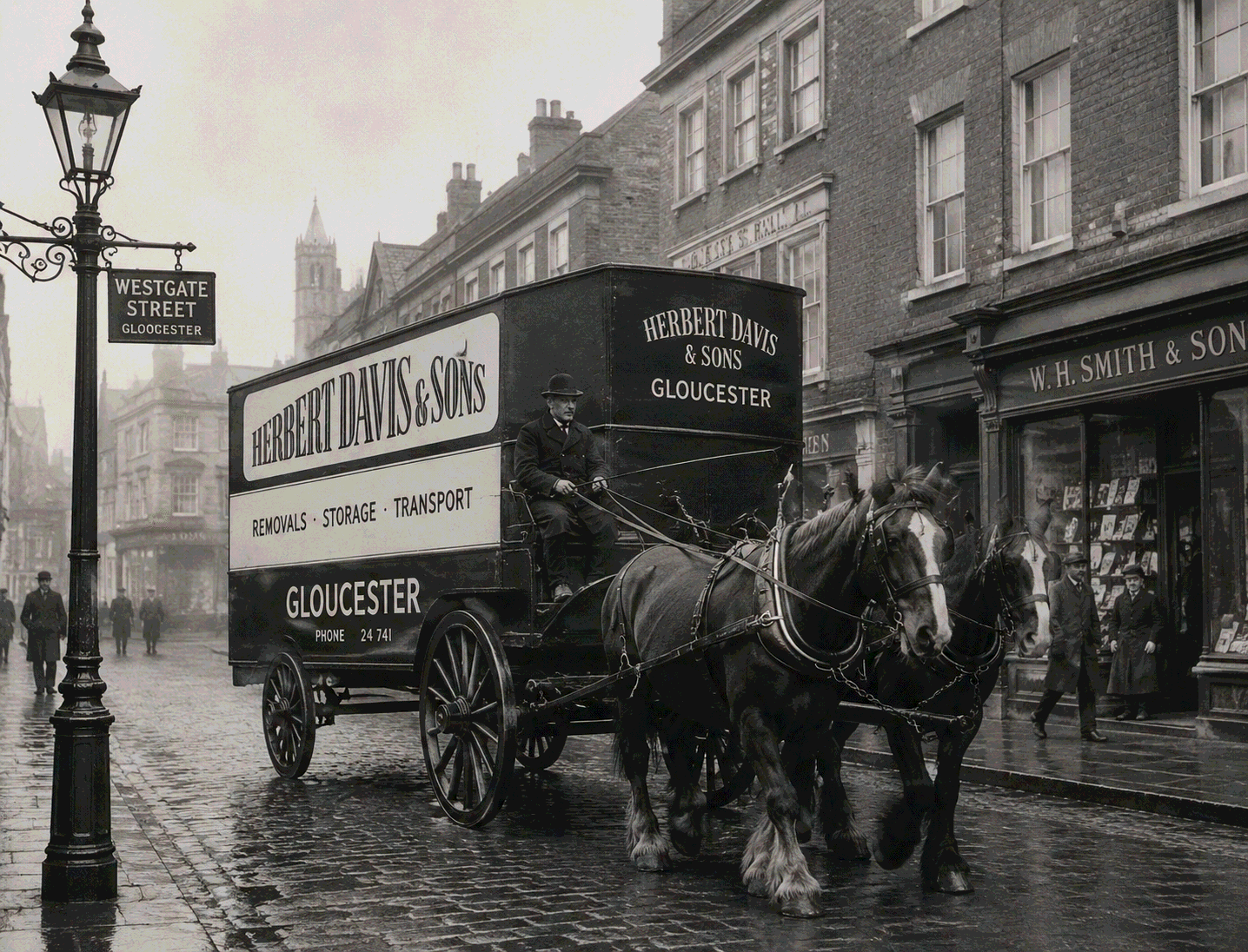 A horse-drawn Herbert Davis van on a Gloucester street