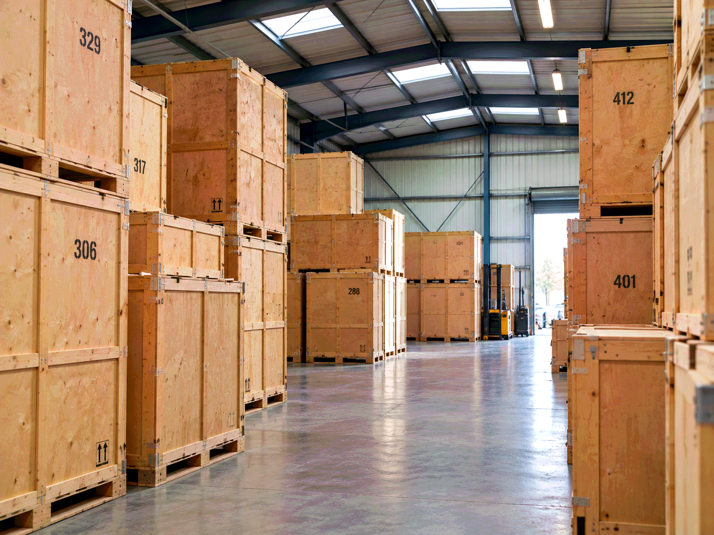 Numbered wooden storage containers stacked inside a warehouse