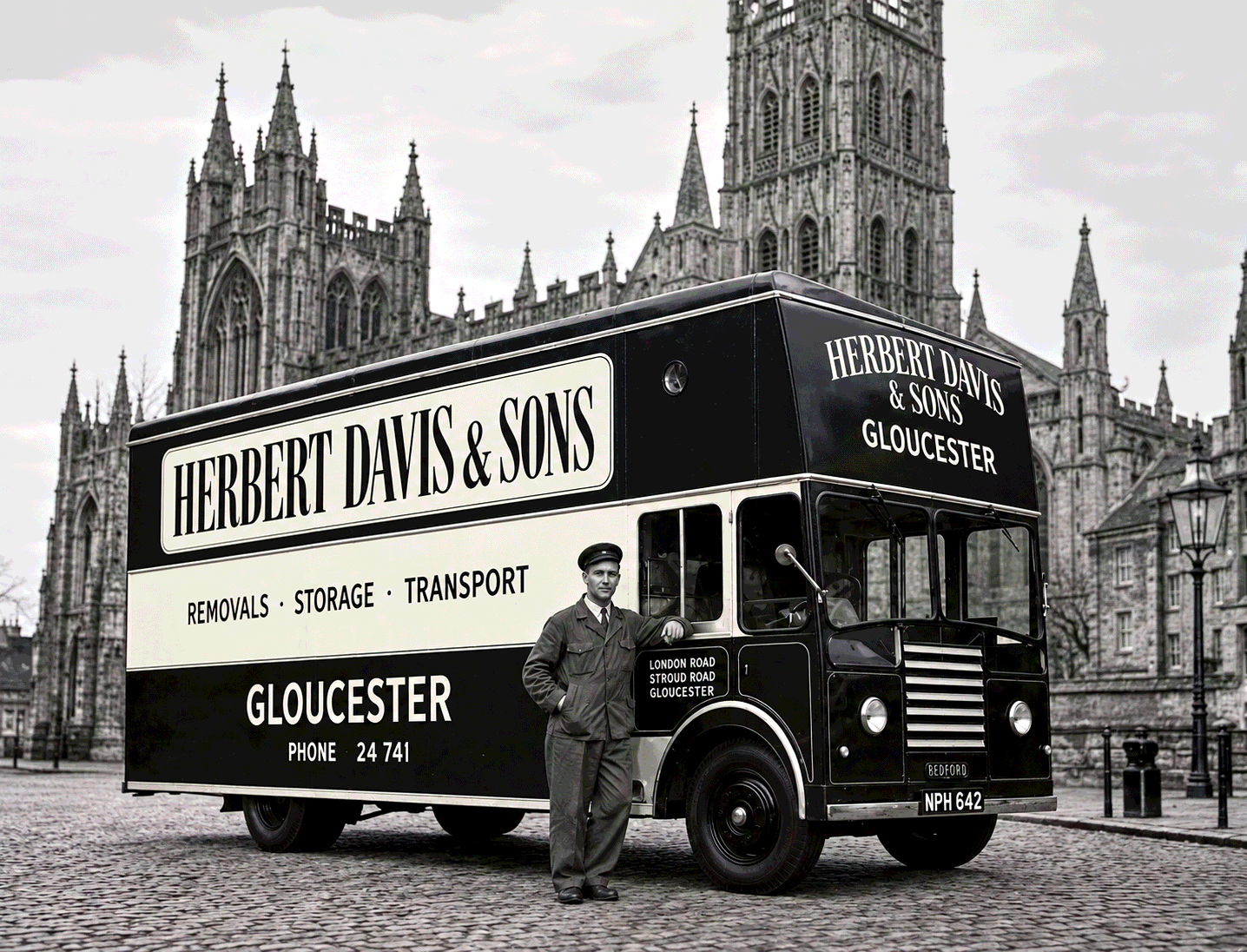Vintage Herbert Davis & Sons removals lorry outside Gloucester Cathedral